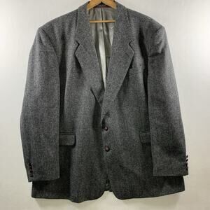 VTG Men 100% Wool Herringbone Tweed Blazer Gray Wood Buttons English Countryside